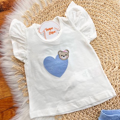 Conj. Blusa Ursinha com Coração e Short Lacinhos - Off White e Azul Bebê